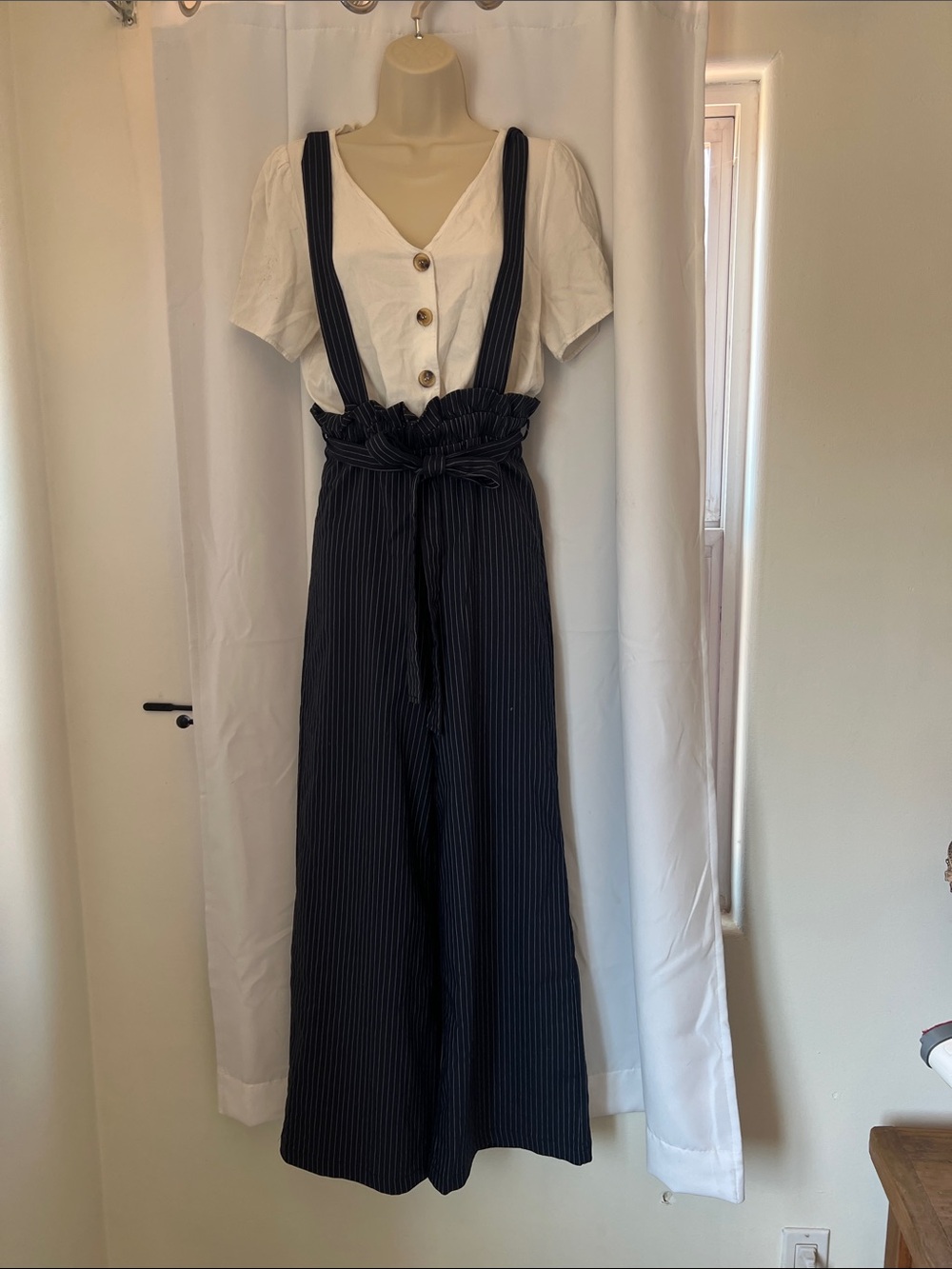Forever 21 Striped Navy Suspender Wide-Leg Jumpsuit with Paperbag Waist